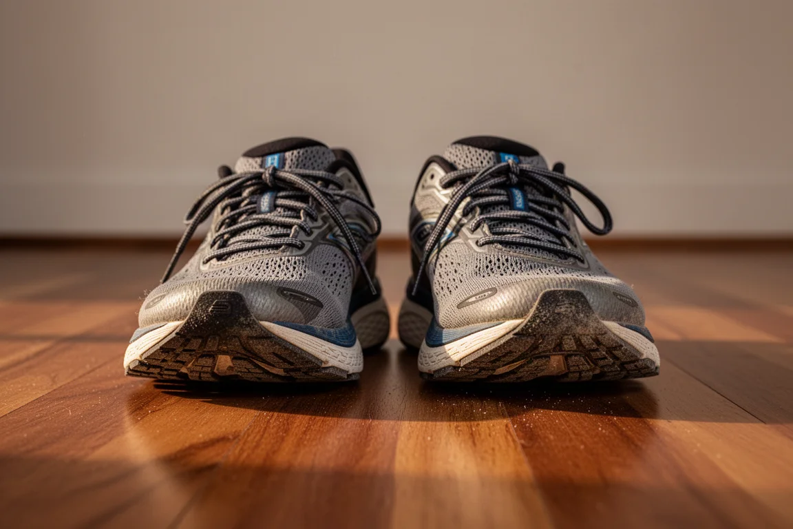Dois tênis de corrida lado a lado no chão de madeira após o treino