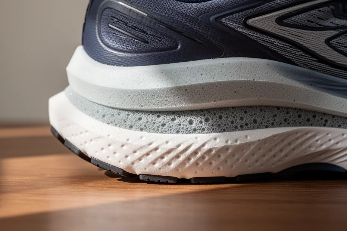 Close-up de uma entressola de espuma dupla em camadas de um tênis de corrida sobre uma superfície de madeira