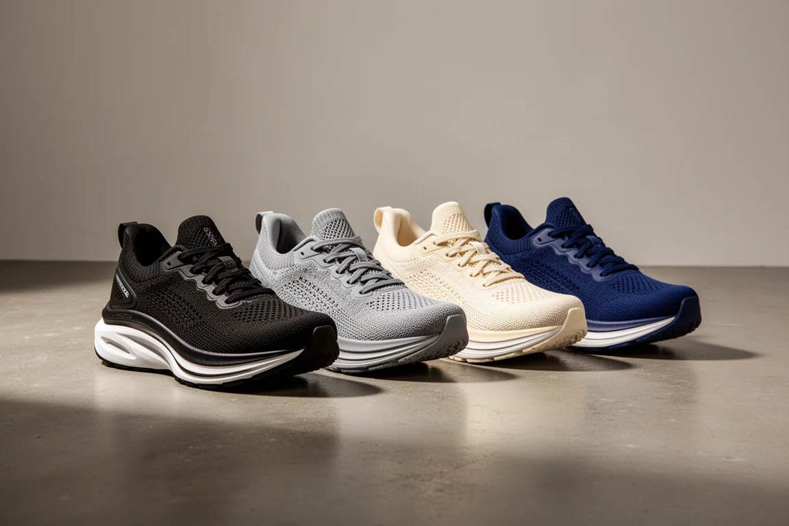 Four max cushion running shoes lined up on a concrete studio floor