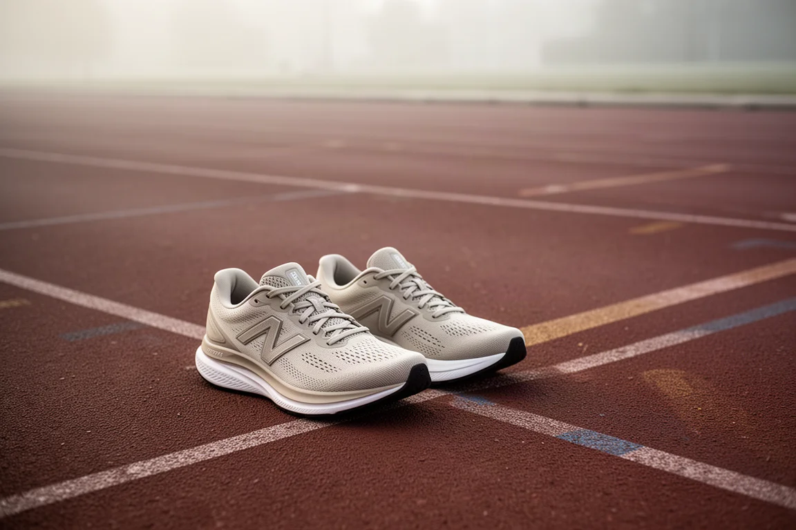 Par de zapatos de running en una pista con suave luz matutina