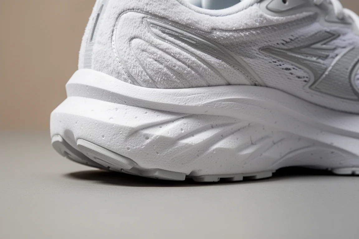 Primer plano de la mediasuela de un zapato de running mostrando la compresión de la espuma