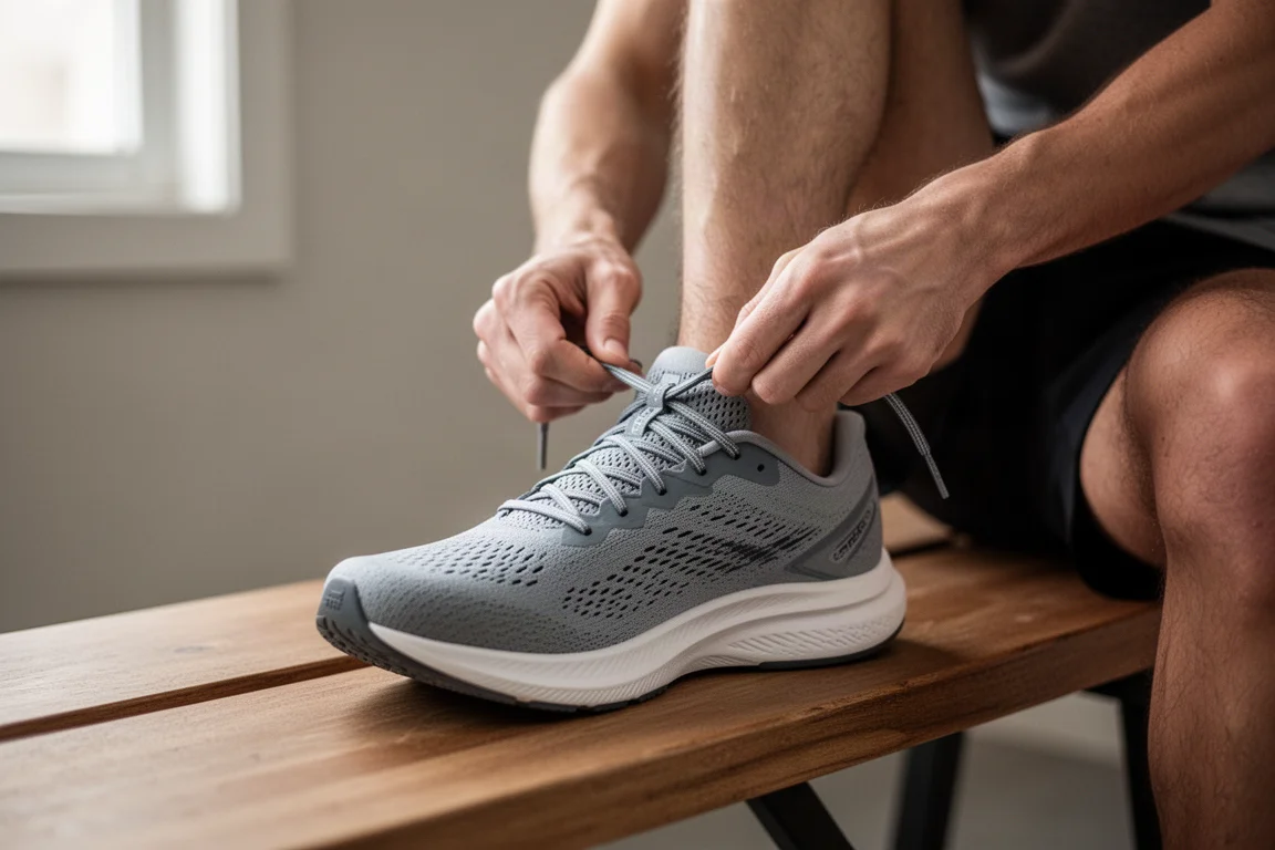 Corredor atándose los cordones de un zapato de running de volumen bajo antes de una tirada larga