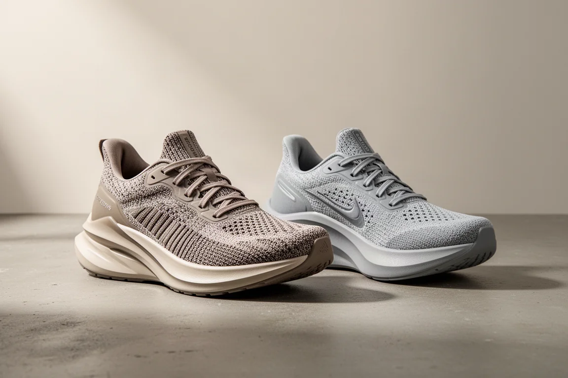 Two premium running shoes side by side on a concrete surface