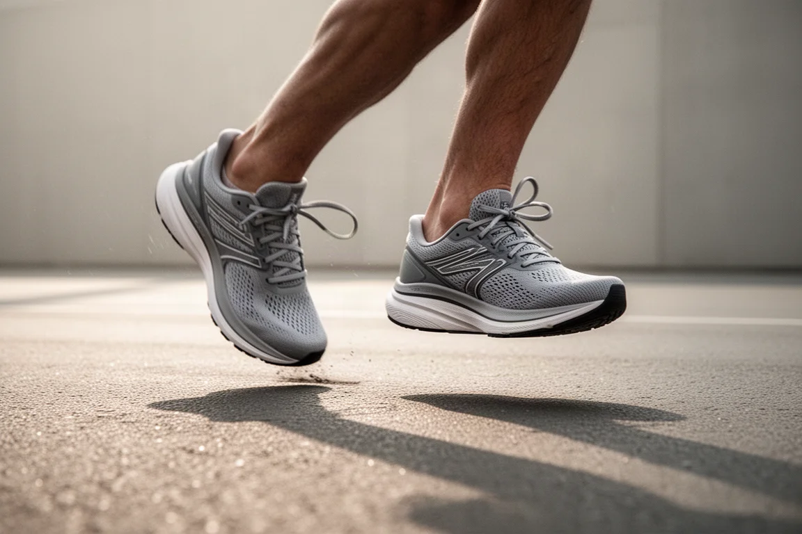 Pieds d'un coureur en chaussures d'entraînement amorties sur un trottoir urbain lisse