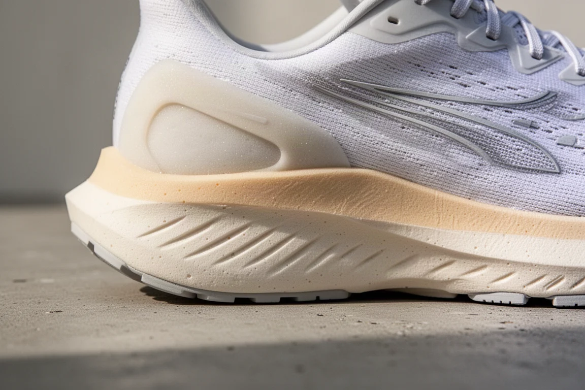 Gros plan sur la semelle intermédiaire d'une chaussure de running montrant la construction en mousse superposée