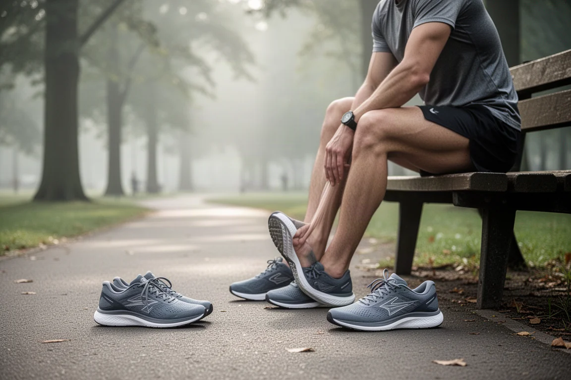 Un coureur s'étire à côté d'une paire de chaussures sur un chemin de parc