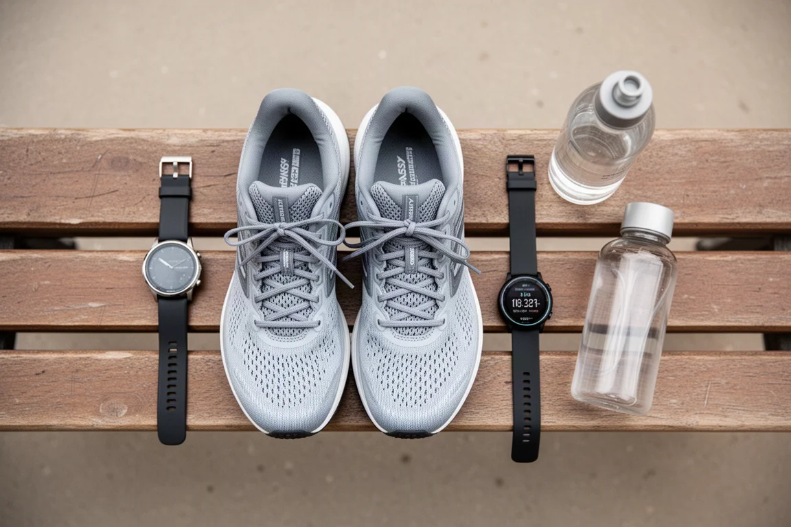 Chaussures de running et une montre posées sur un banc après une longue séance