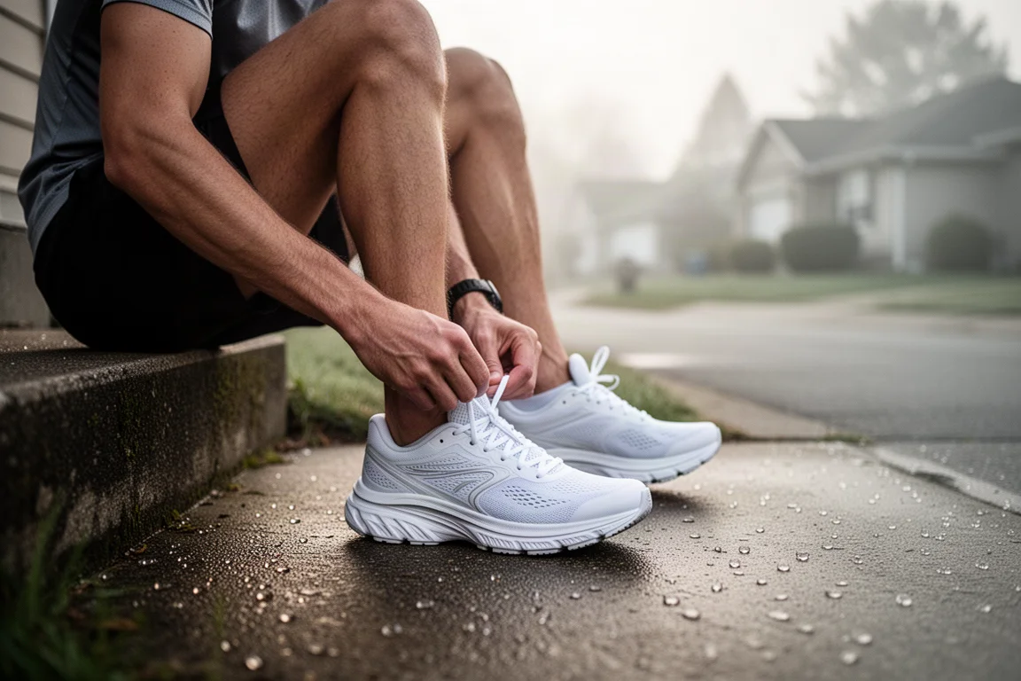 Läufer schnürt einen gedämpften weißen Laufschuh auf einer Wohnstraße zu