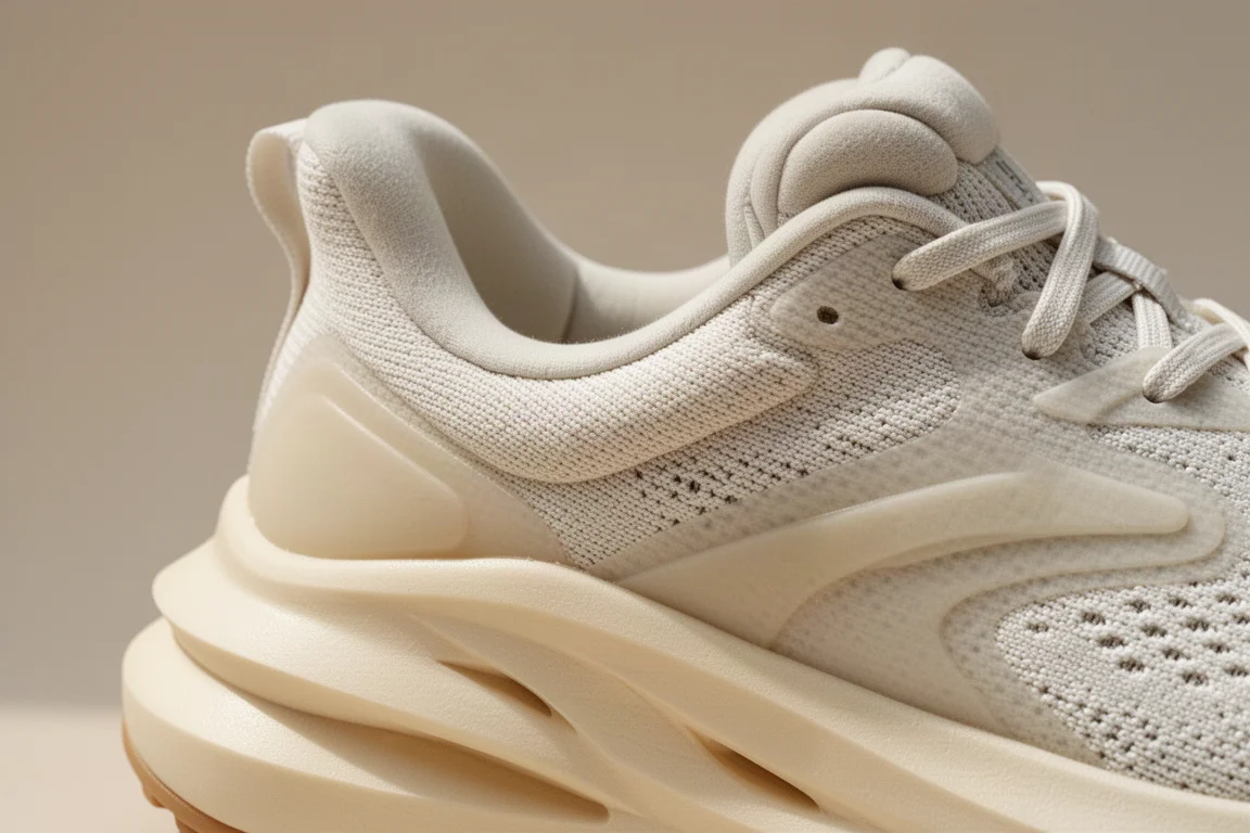 Nahaufnahme einer dick gepolsterten Laufschuh-Mittelsohle und Zunge