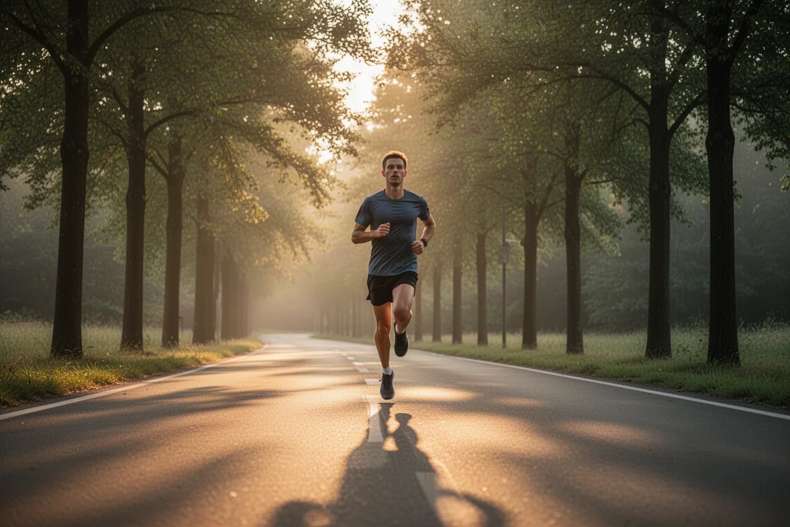Läufer joggt im lockeren Tempo bei Sonnenaufgang auf einer baumgesäumten Straße