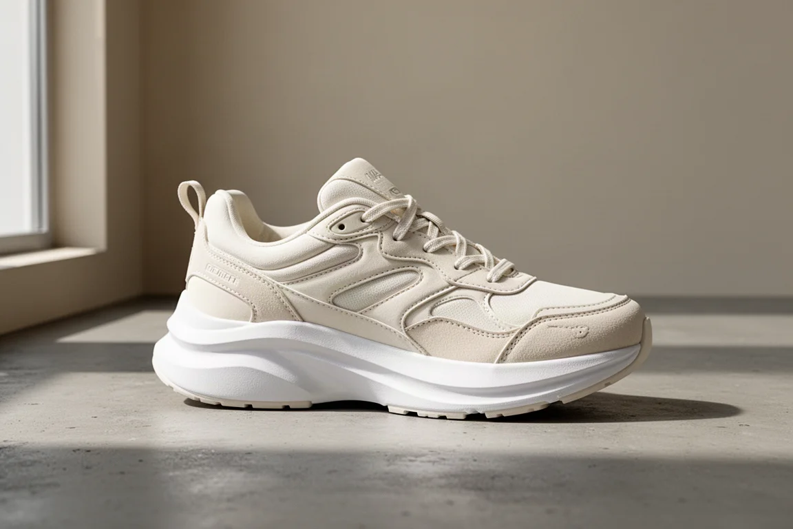 Nike Vomero 18 running shoe with thick white midsole on concrete surface