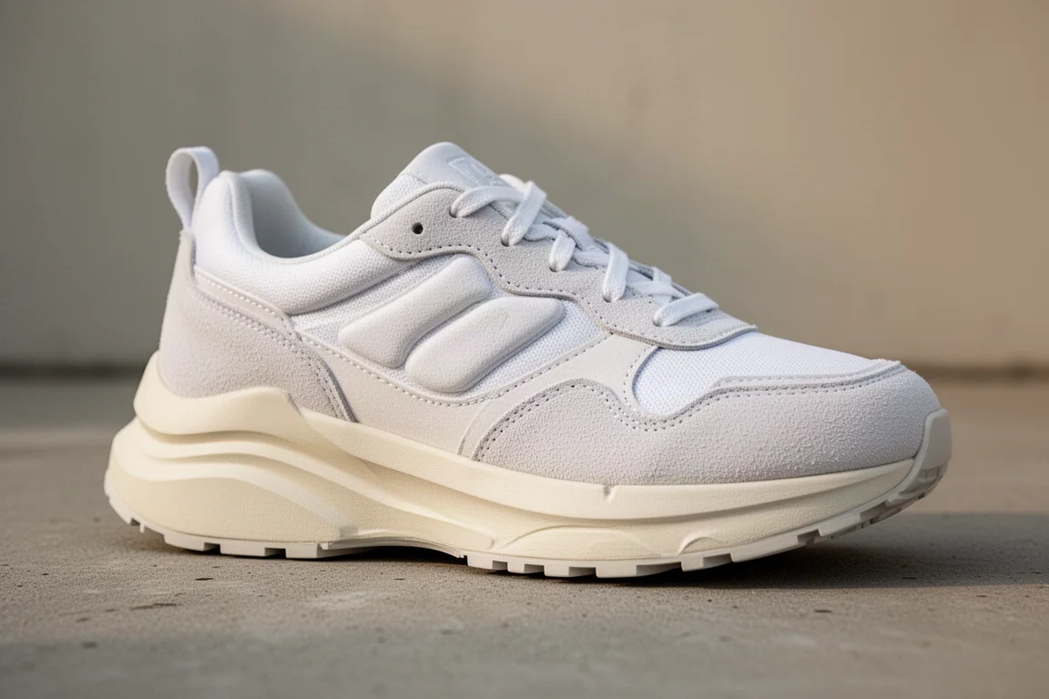 White running shoe with tall cushioned midsole on a neutral backdrop