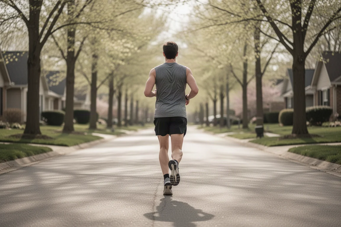 Runner logging steady miles on a quiet suburban road