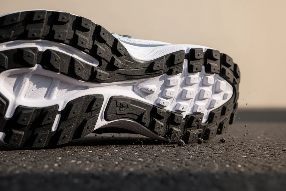 Close-up of a thick lugged rubber outsole on a running shoe