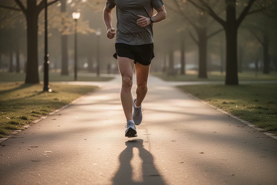 Runner cooling down at sunset on an empty park path