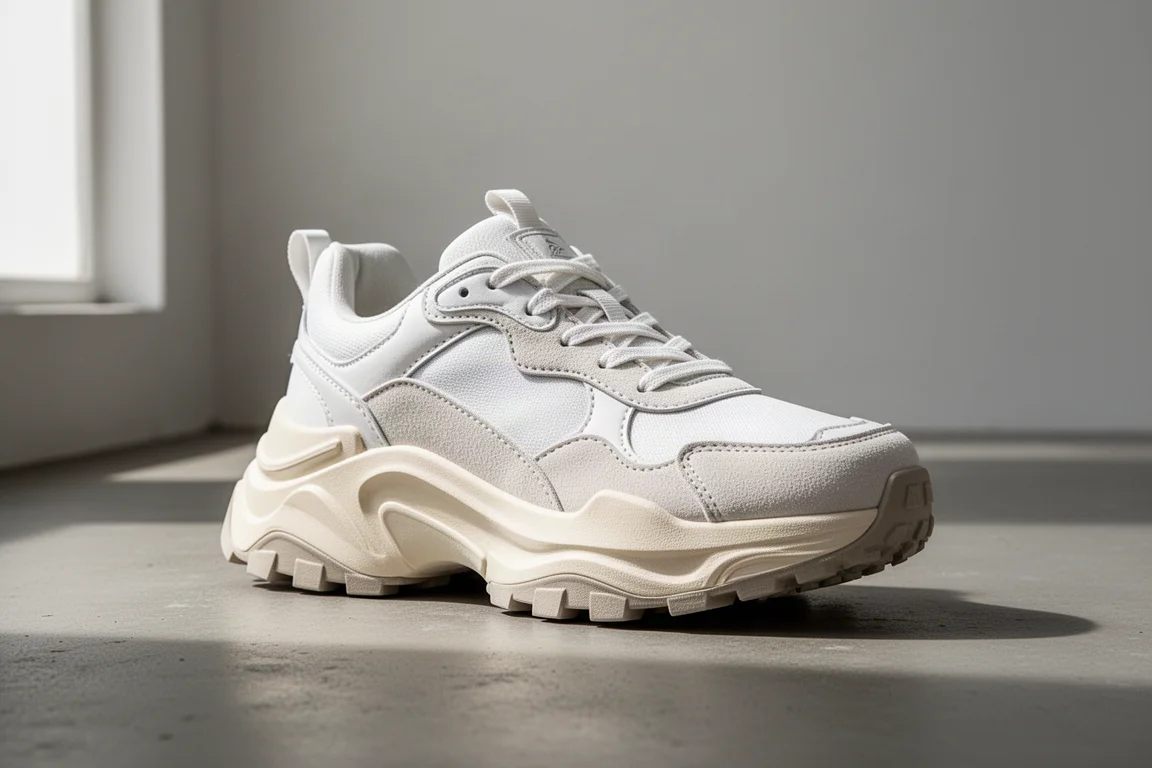 White running shoe with tall cushioned midsole on a neutral backdrop