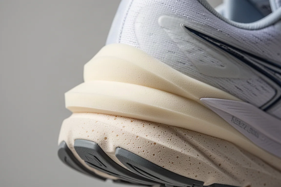 Close-up of thick layered running shoe midsole showing foam construction