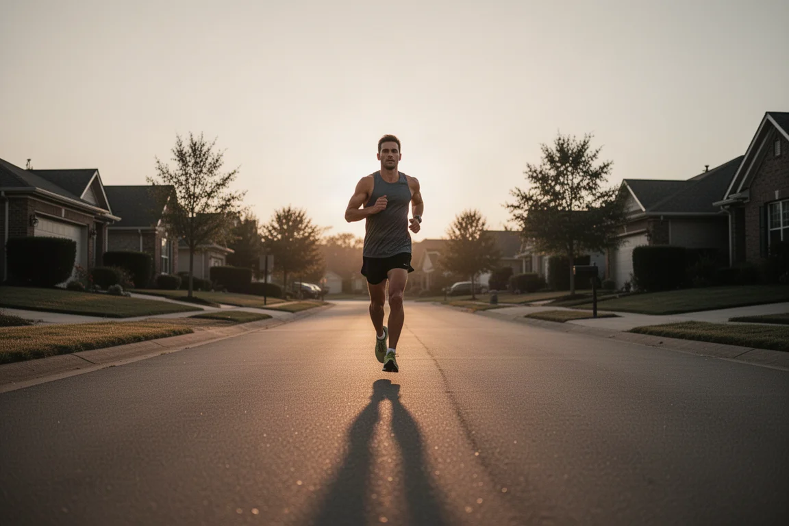 Runner finishing a long slow distance run on an open road at dusk