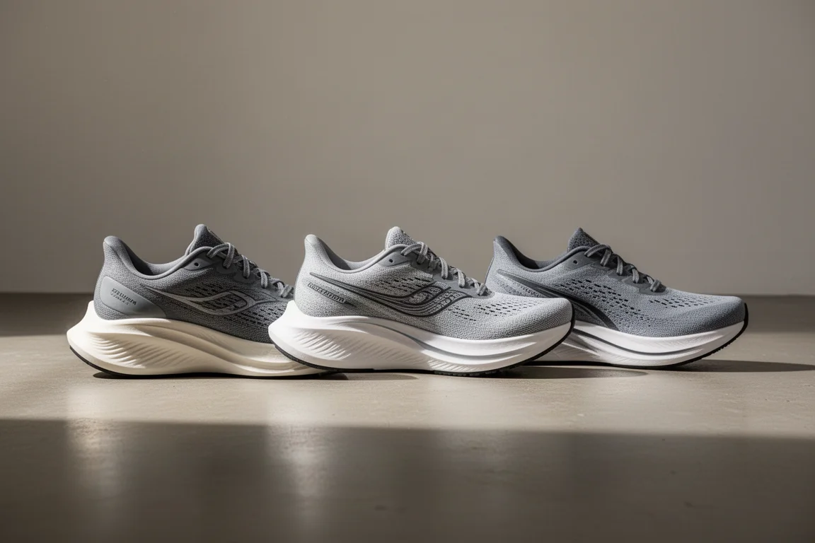 Tres zapatillas de running lado a lado sobre hormigón mostrando las diferencias de altura de pila
