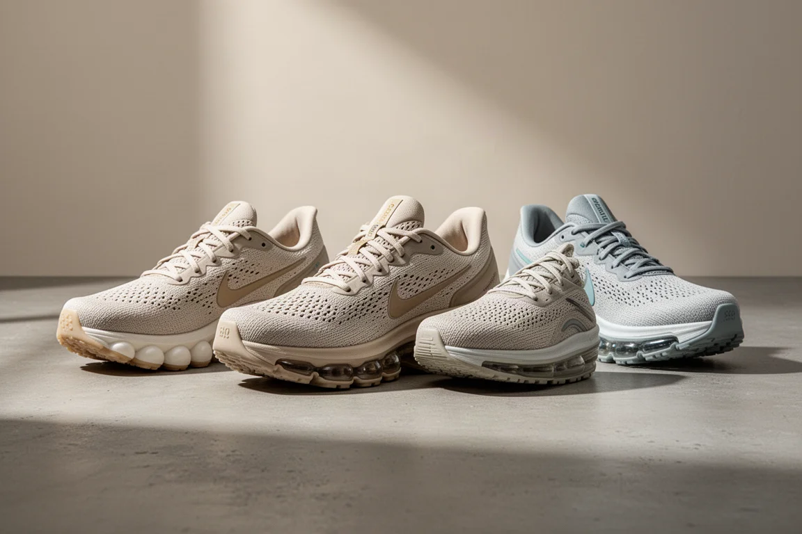 Three Nike running shoes side by side on a concrete surface
