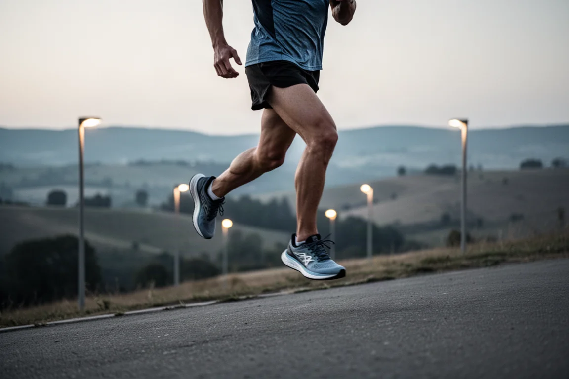 Un runner che scende un leggero pendio su asfalto con scarpe ammortizzate