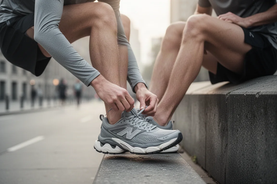 Coureur laçant une chaussure de running ultra-amortie sur un trottoir en ville