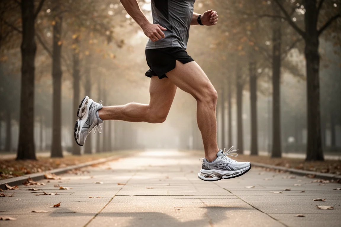 Coureur à allure modérée le long d'un trottoir bordé d'arbres