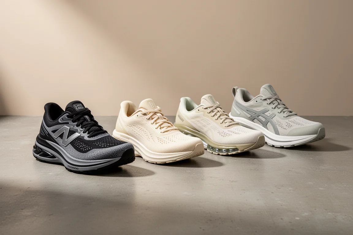 Four max cushion running shoes lined up on a concrete surface