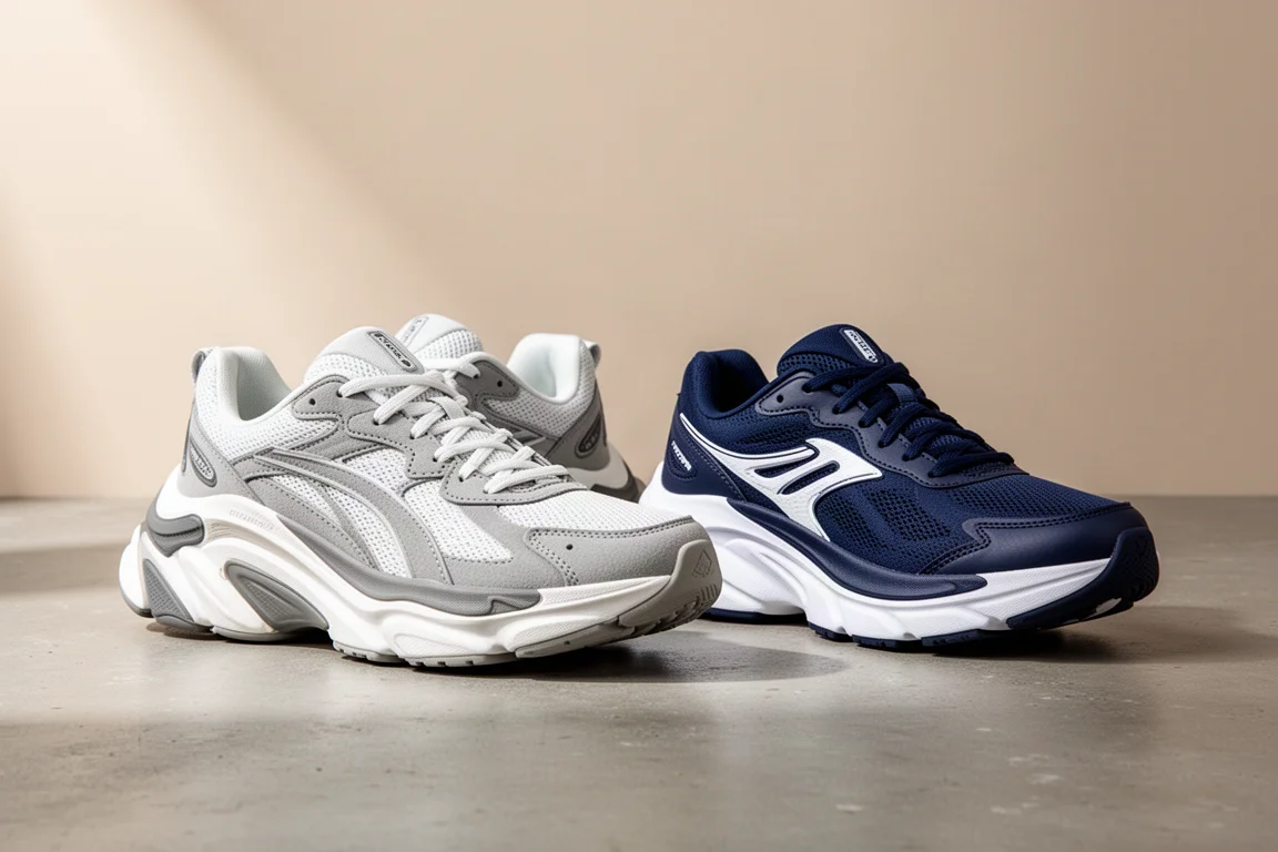 Nike Vomero 18 and New Balance 1080 v14 running shoes side by side on concrete