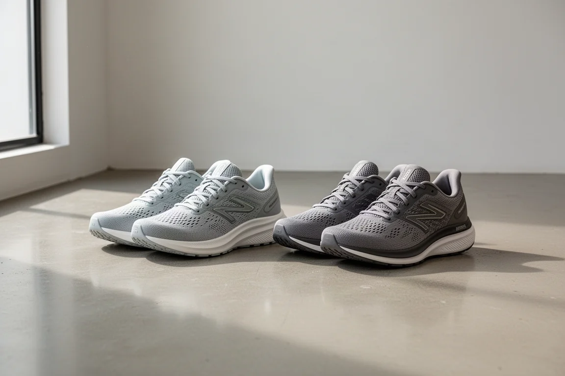 Due paia di scarpe da running affiancate su un pavimento di cemento chiaro