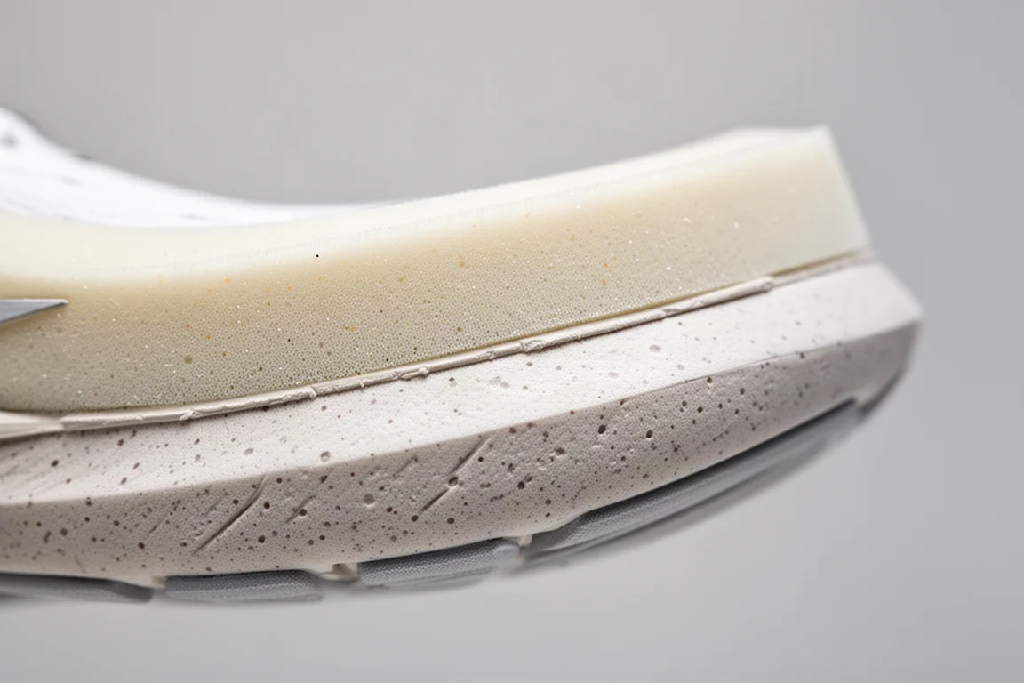 Dettaglio della intersuola spessa a doppia schiuma di una scarpa da running con ammortizzatura a strati