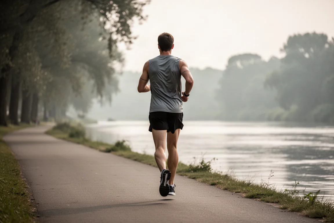 Un runner che trotterella lungo una pista fluviale nella morbida luce del mattino