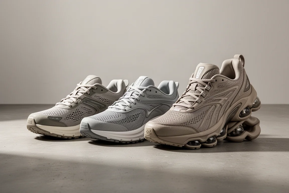 Three Nike Vomero running shoes lined up side by side on concrete