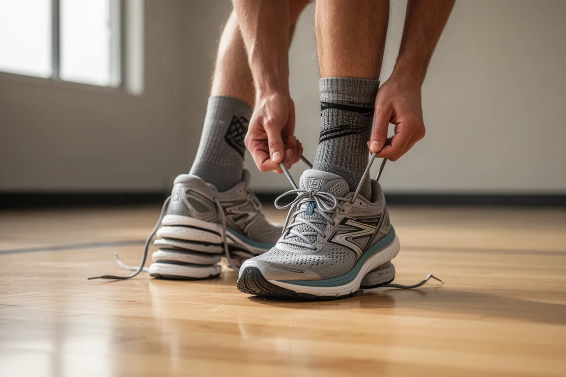 Runner lacing up a max cushion running shoe on a gym floor