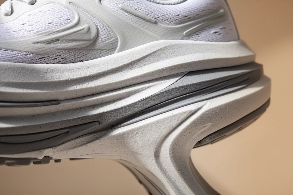 Close-up of thick layered foam midsole on a running shoe