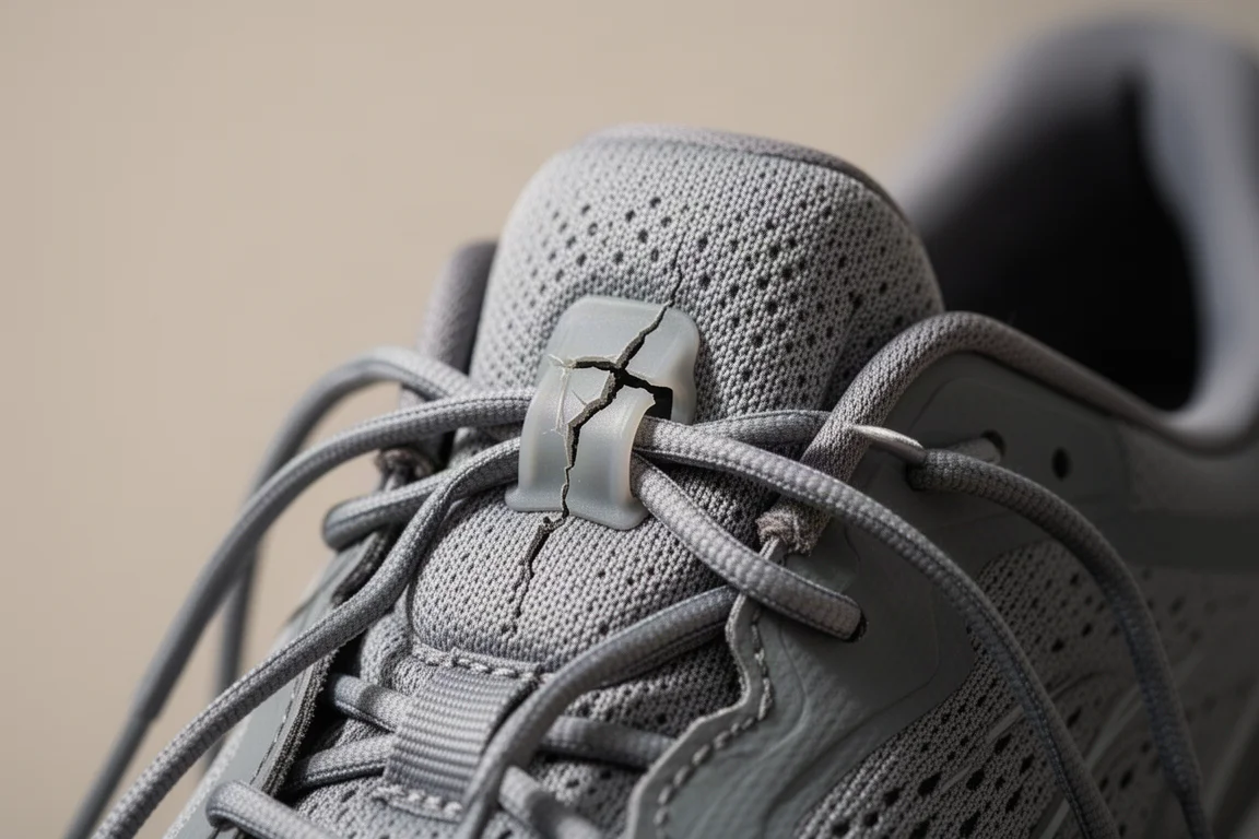 Close-up of a running shoe lacing system with one snapped lace loop
