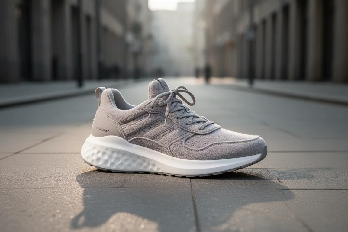Zapatilla de running mullida sobre asfalto silencioso con suave luz matutina