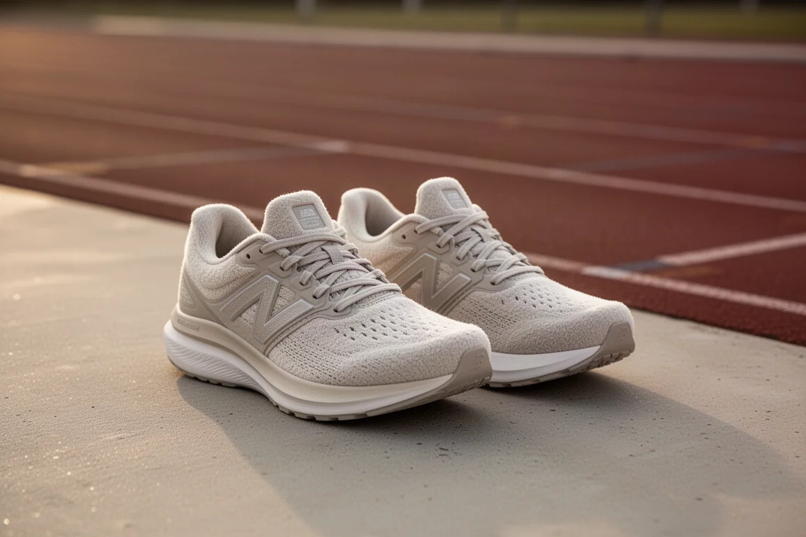 Par de zapatillas de running junto a una pista bajo una suave luz del atardecer