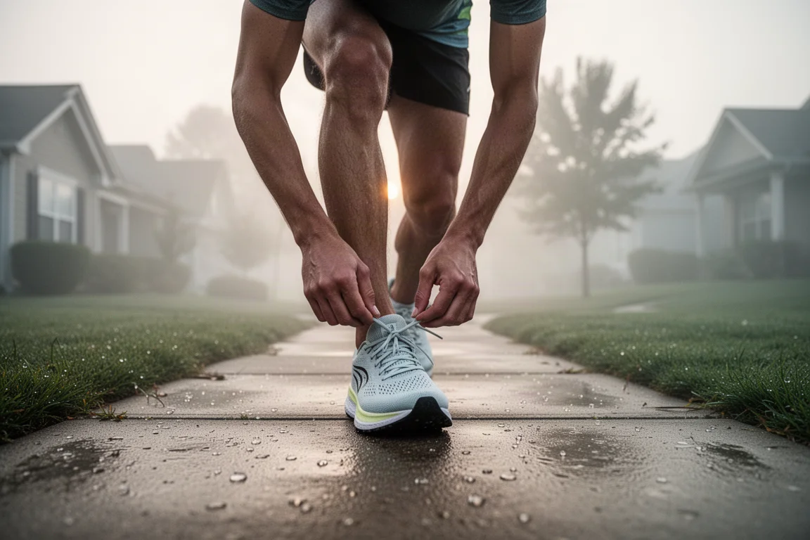 Runner stretching on a humid suburban sidewalk in early morning light
