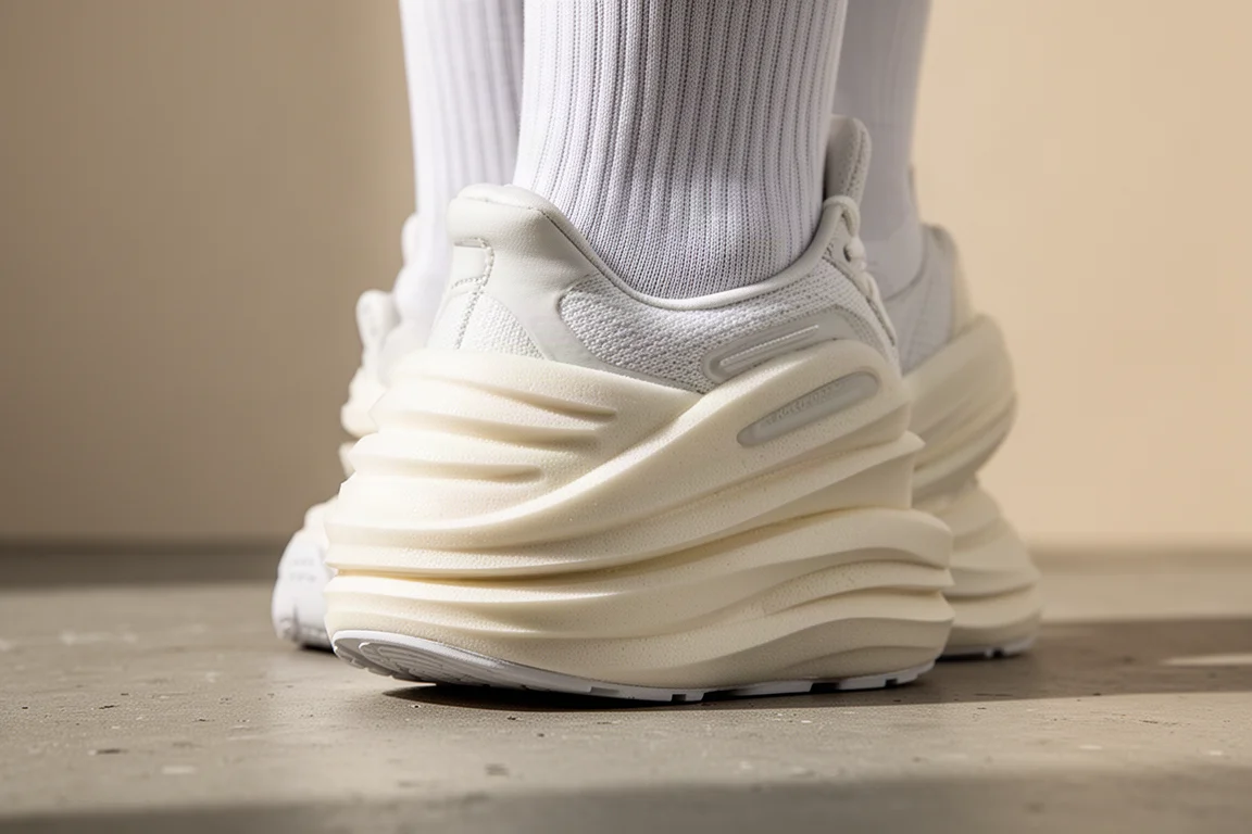 Close-up of thick white ZoomX-style midsole with high foam sidewalls