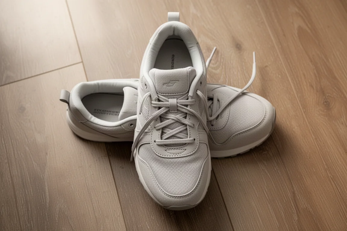 Close-up of running shoe upper with padded tongue and lacing system