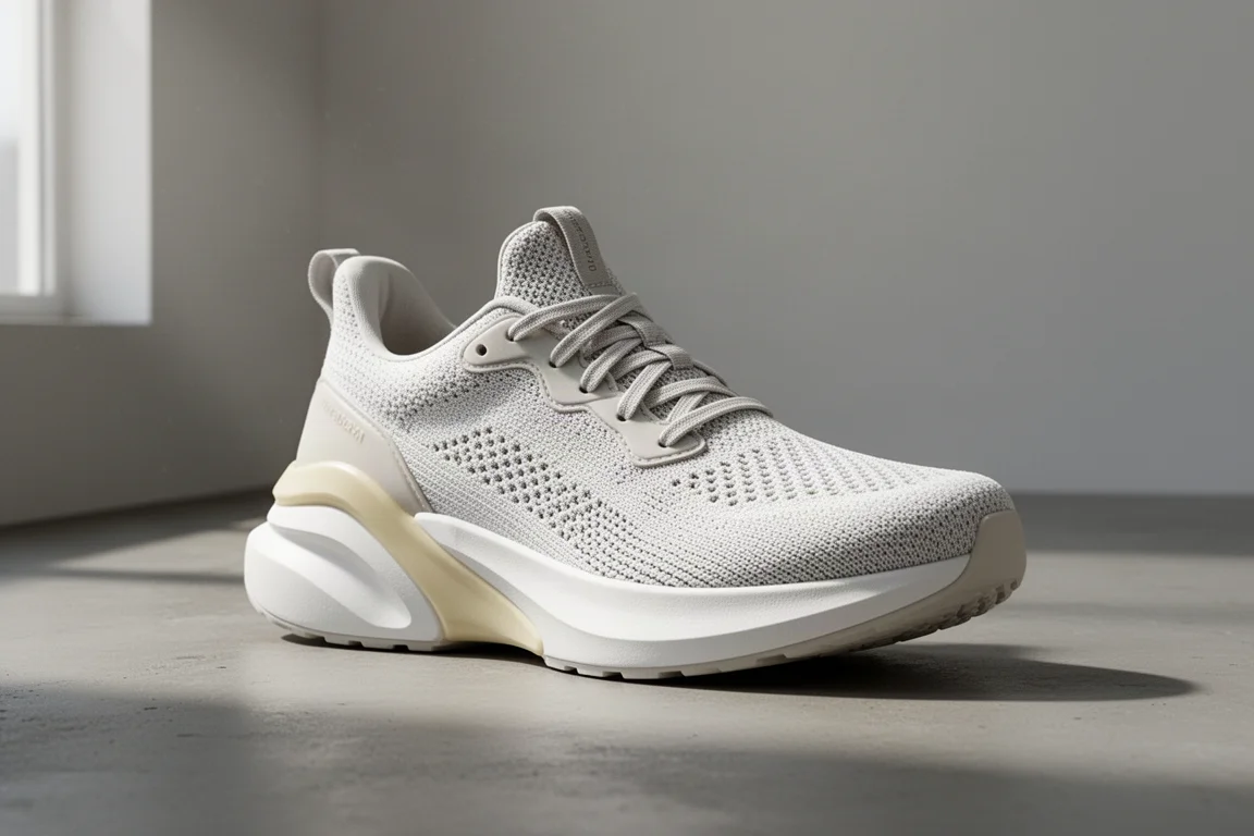 Nike Vomero Plus running shoe with thick white midsole on concrete