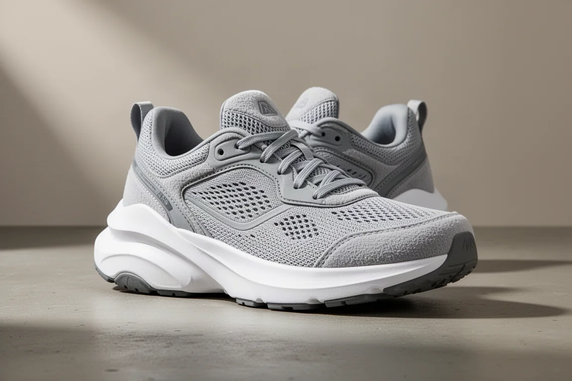 Plush max cushion running shoe with thick white foam midsole on concrete surface
