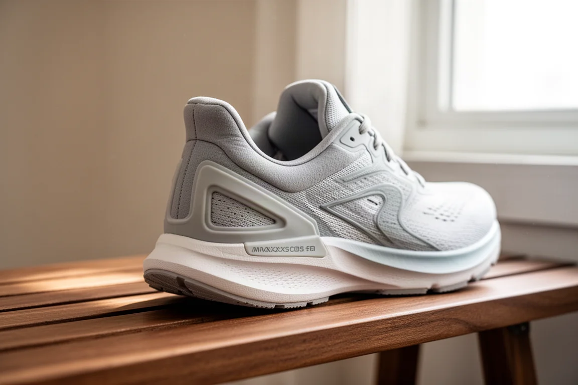 Close-up of thick white foam midsole cushioning under a running shoe
