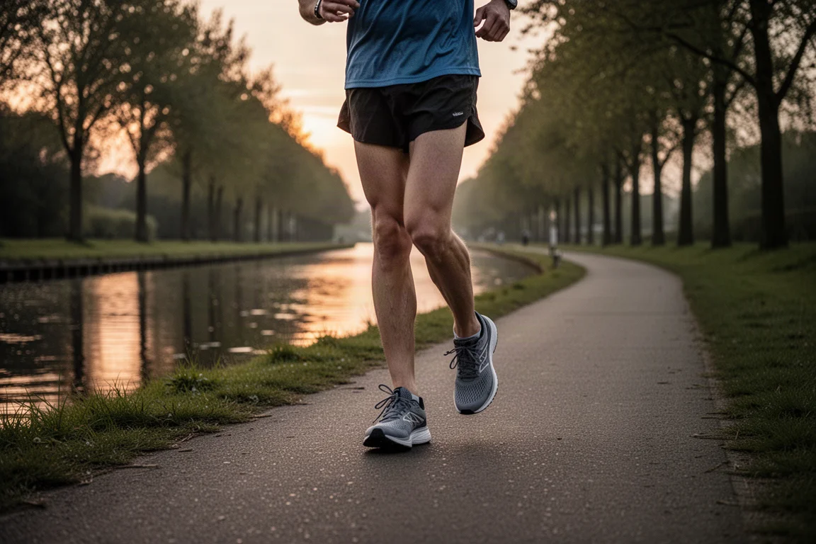 Runner walking through a city street at dusk with wet pavement