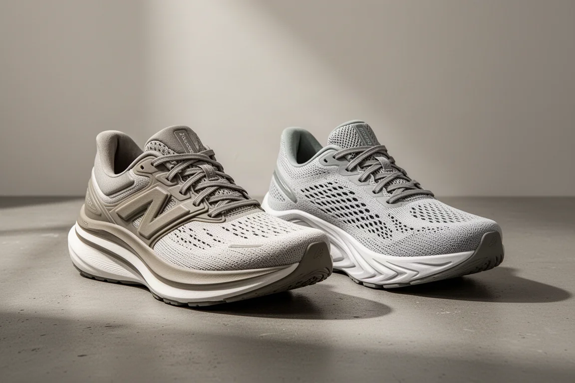 Buty do biegania Nike Vomero Plus i ASICS GEL-Nimbus 28 obok siebie na betonie
