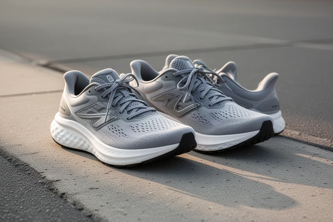 Two high-cushion running shoes resting on a concrete trackside surface