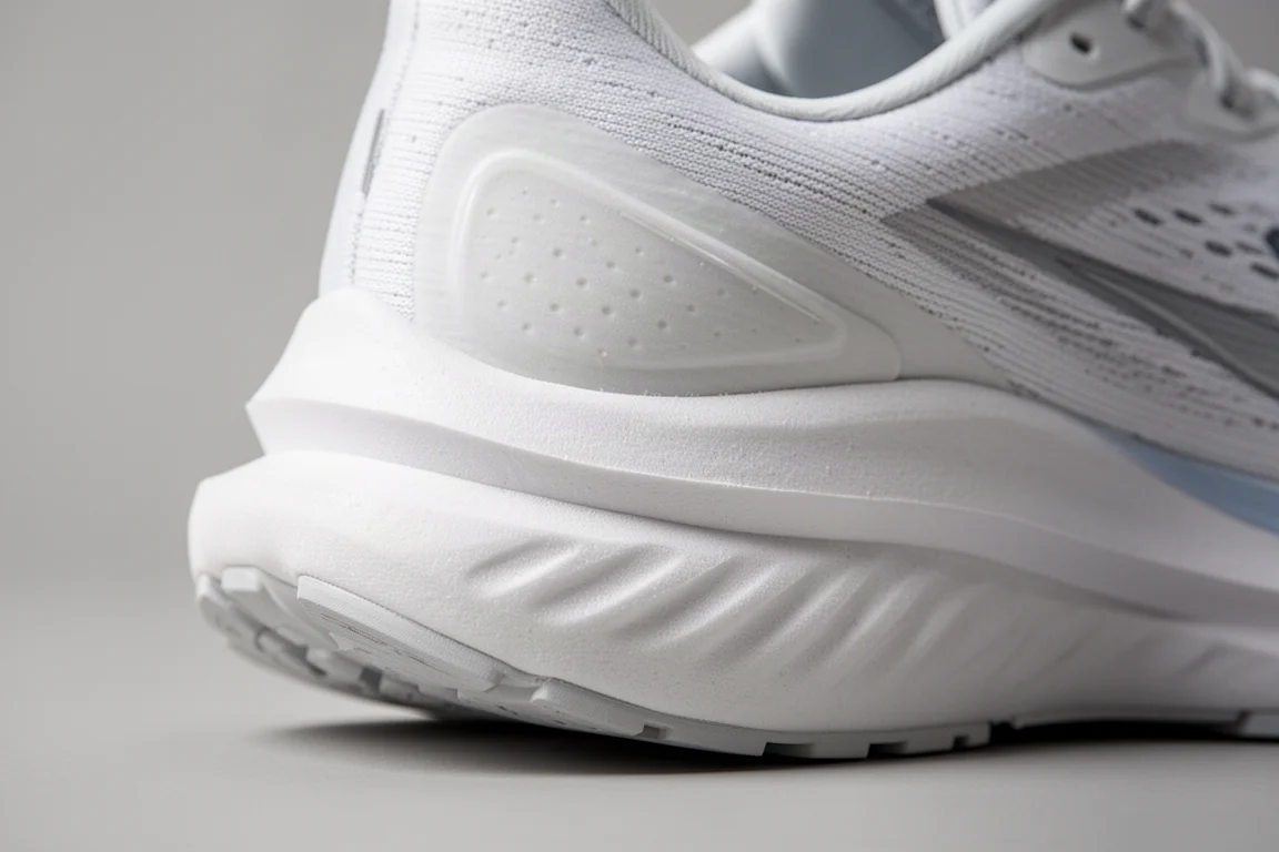 Close-up of a thick running shoe midsole foam stack