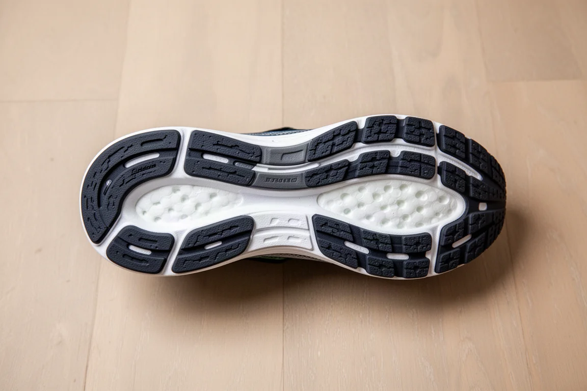 Running shoe outsole showing rubber coverage and exposed foam