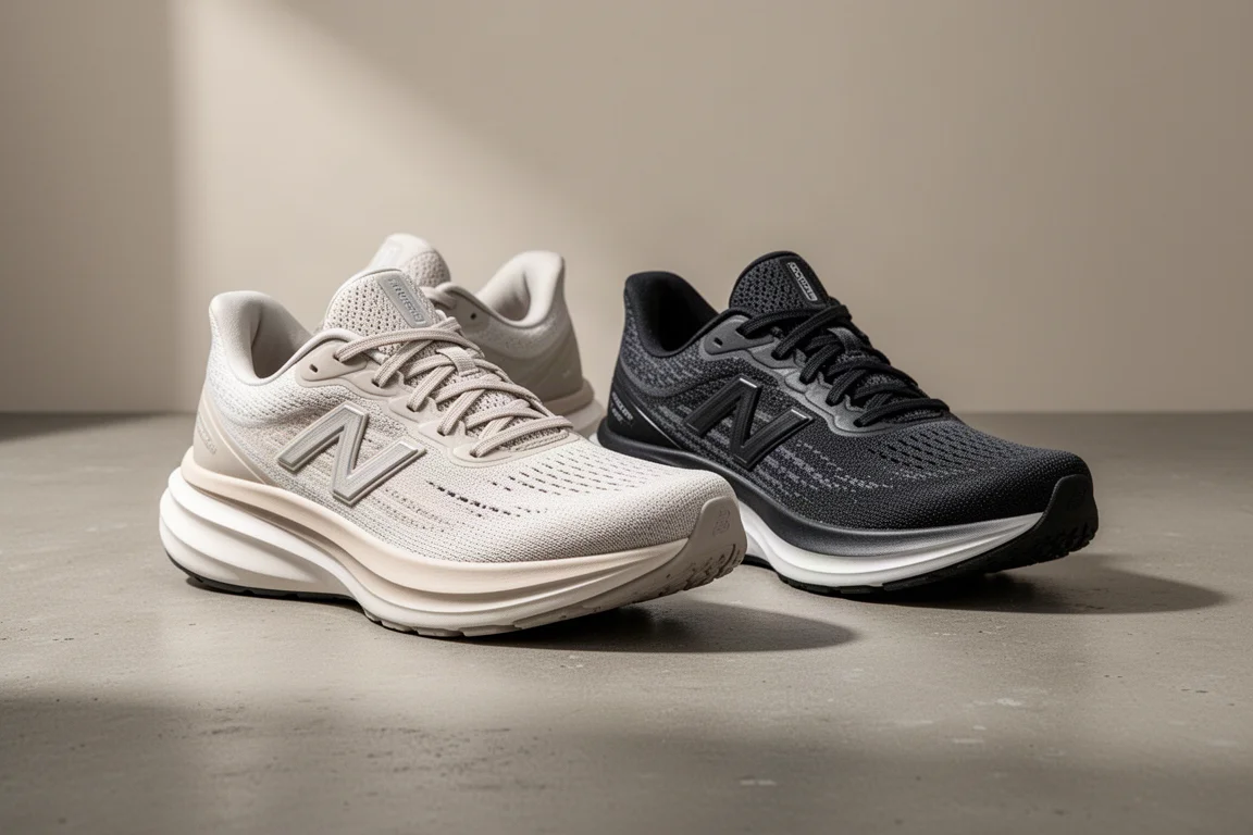Nike Vomero Plus and ASICS Mega Blast running shoes side by side on concrete